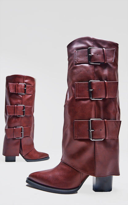 Burgundy Pu Point Toe Fold Over Triple Buckle Low Heeled Knee High Boots