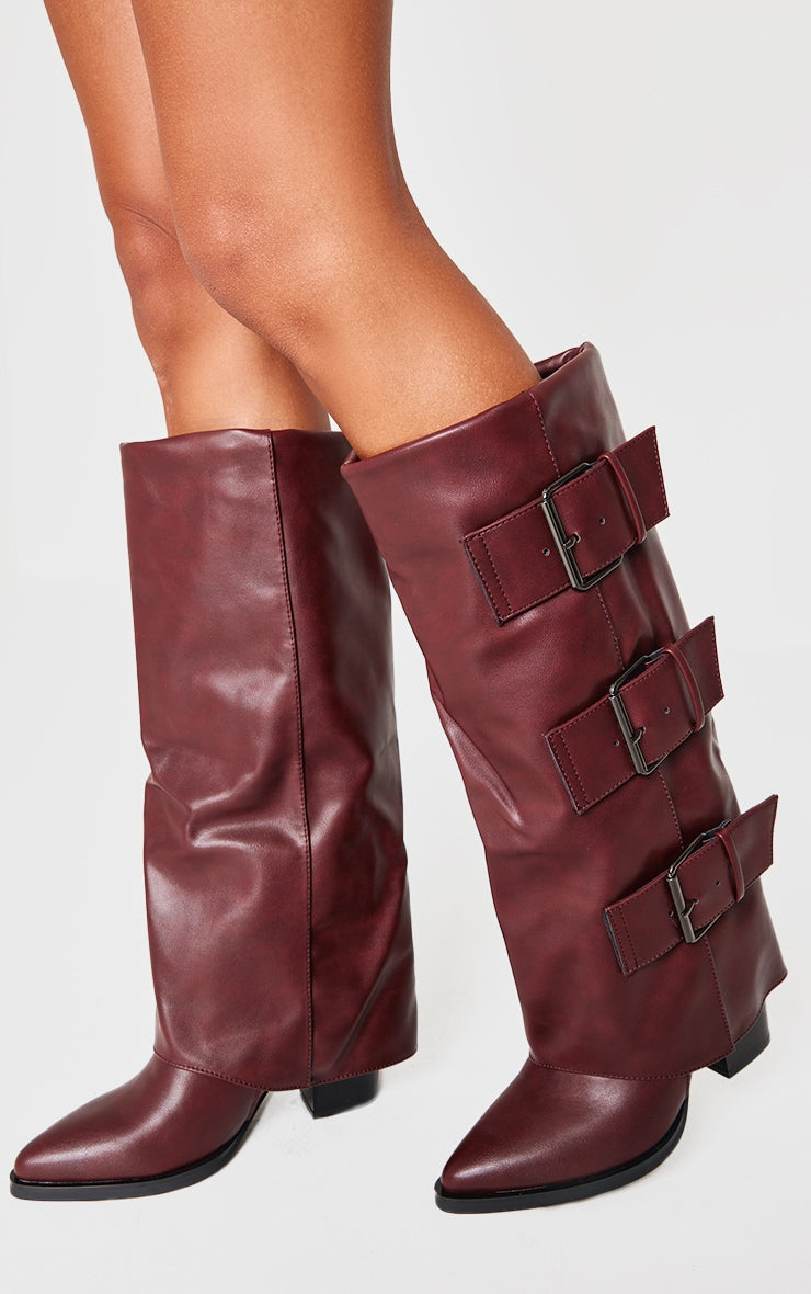 Burgundy Pu Point Toe Fold Over Triple Buckle Low Heeled Knee High Boots