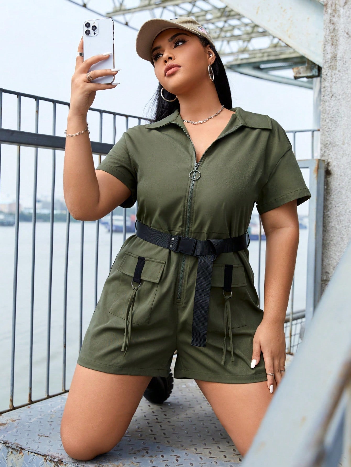 Plus Zip Up Flap Pocket Belted Romper