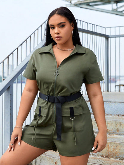 Plus Zip Up Flap Pocket Belted Romper