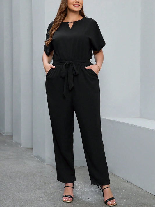 Plus Size Keyhole Neck Batwing Sleeve Black Jumpsuit