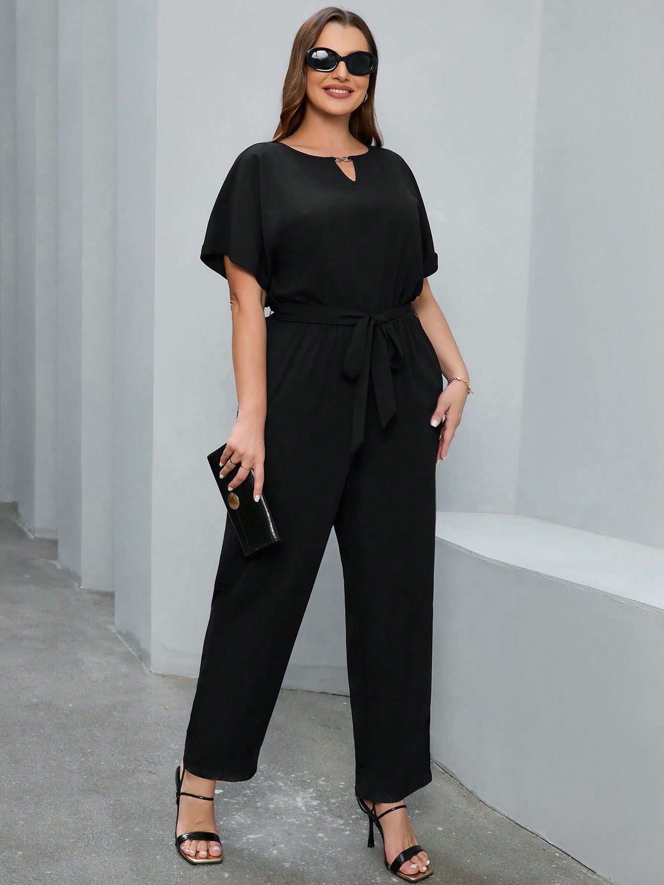 Plus Size Keyhole Neck Batwing Sleeve Black Jumpsuit