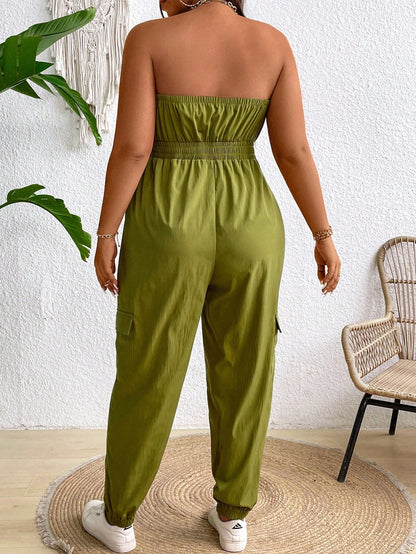 Plus Size Solid Color Strapless Jumpsuit With Bust Ruffles For Summer