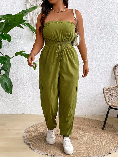 Plus Size Solid Color Strapless Jumpsuit With Bust Ruffles For Summer