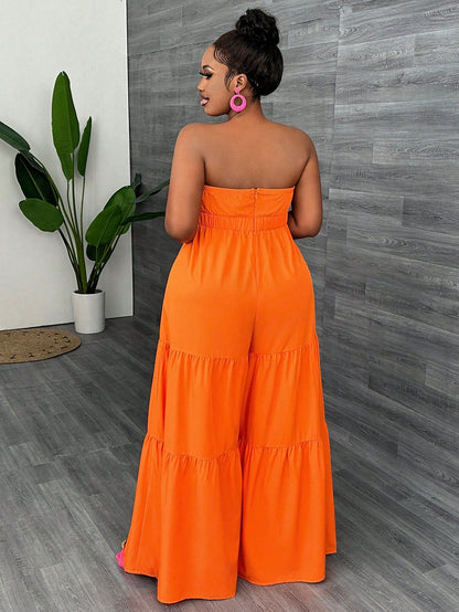 Plus Size Solid Color Strapless Wide Leg Jumpsuit