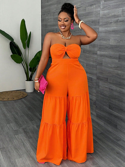 Plus Size Solid Color Strapless Wide Leg Jumpsuit