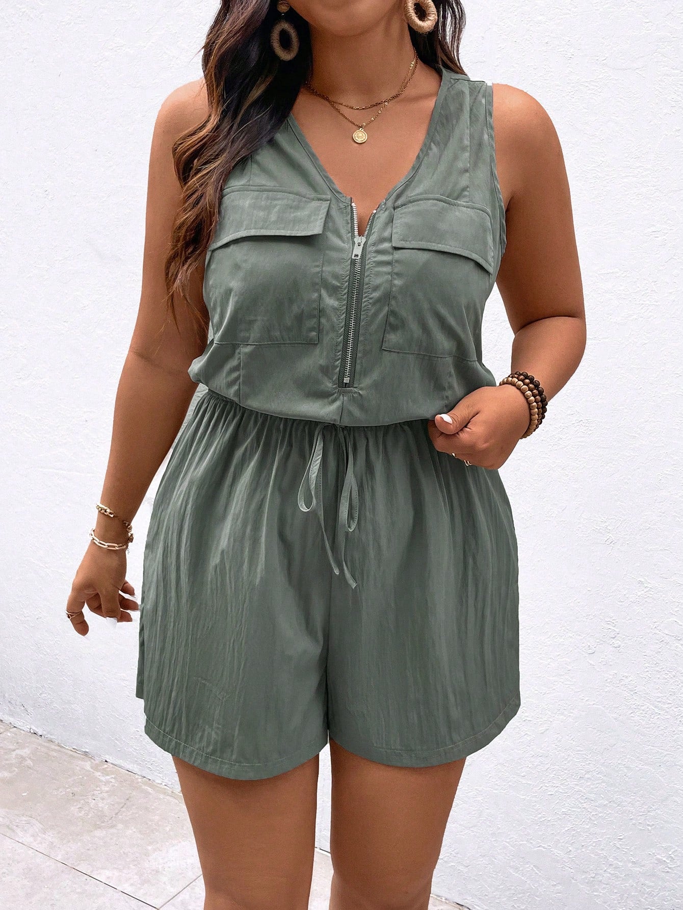 Plus Size Women's Solid Color Sleeveless Jumpsuit With Zipper Front, V-Neck And Casual Style For Summer