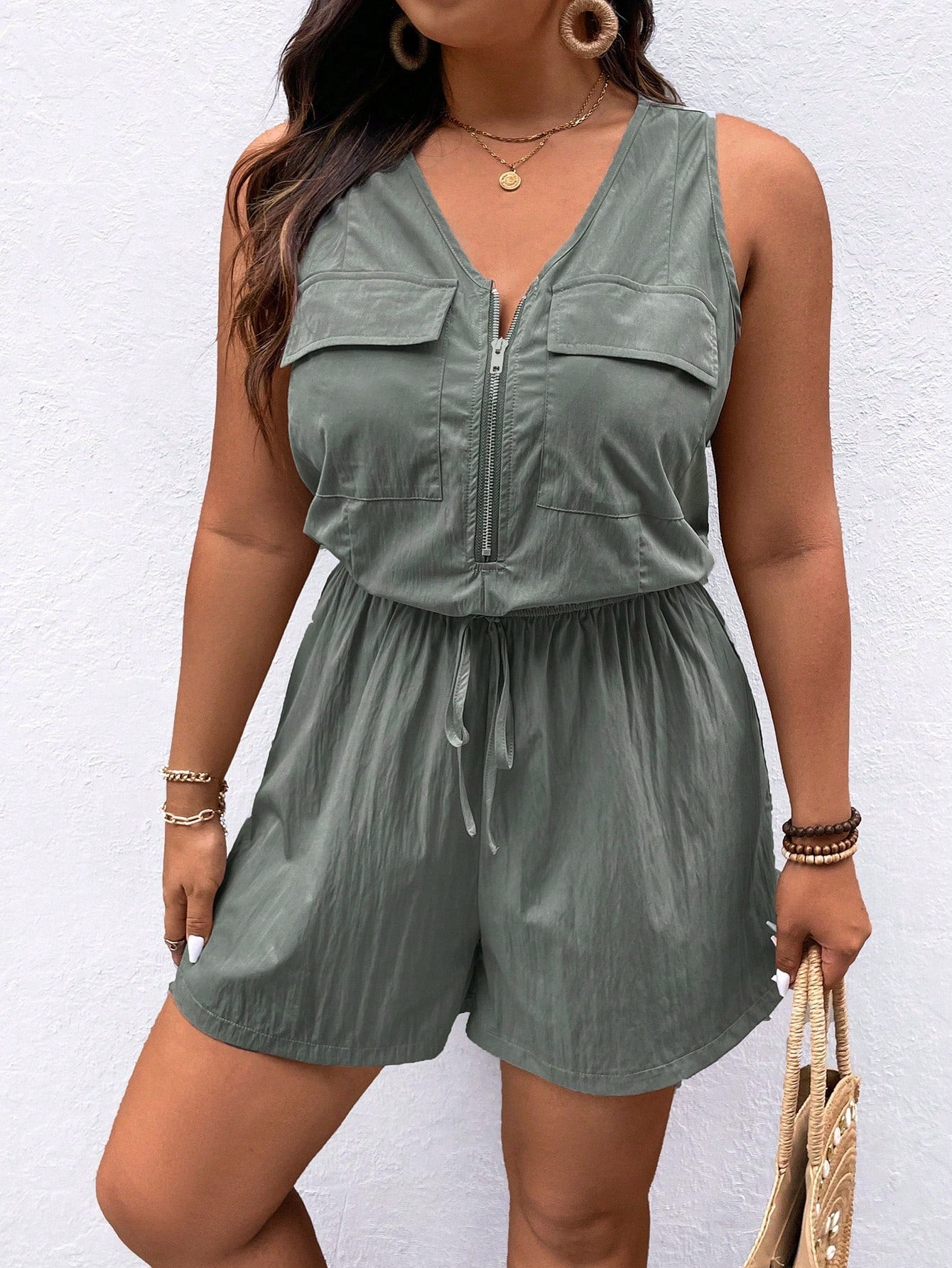 Plus Size Women's Solid Color Sleeveless Jumpsuit With Zipper Front, V-Neck And Casual Style For Summer