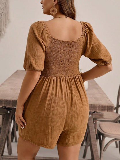 Plus Size Women's Solid Color Square Neckline Short Puff Sleeve Jumpsuit With Shoulder Pads, Summer