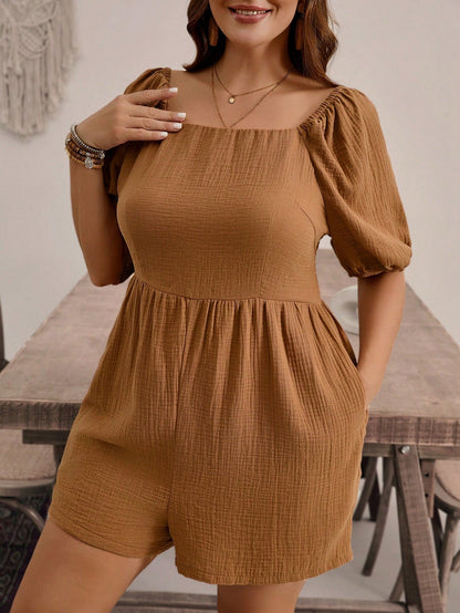 Plus Size Women's Solid Color Square Neckline Short Puff Sleeve Jumpsuit With Shoulder Pads, Summer