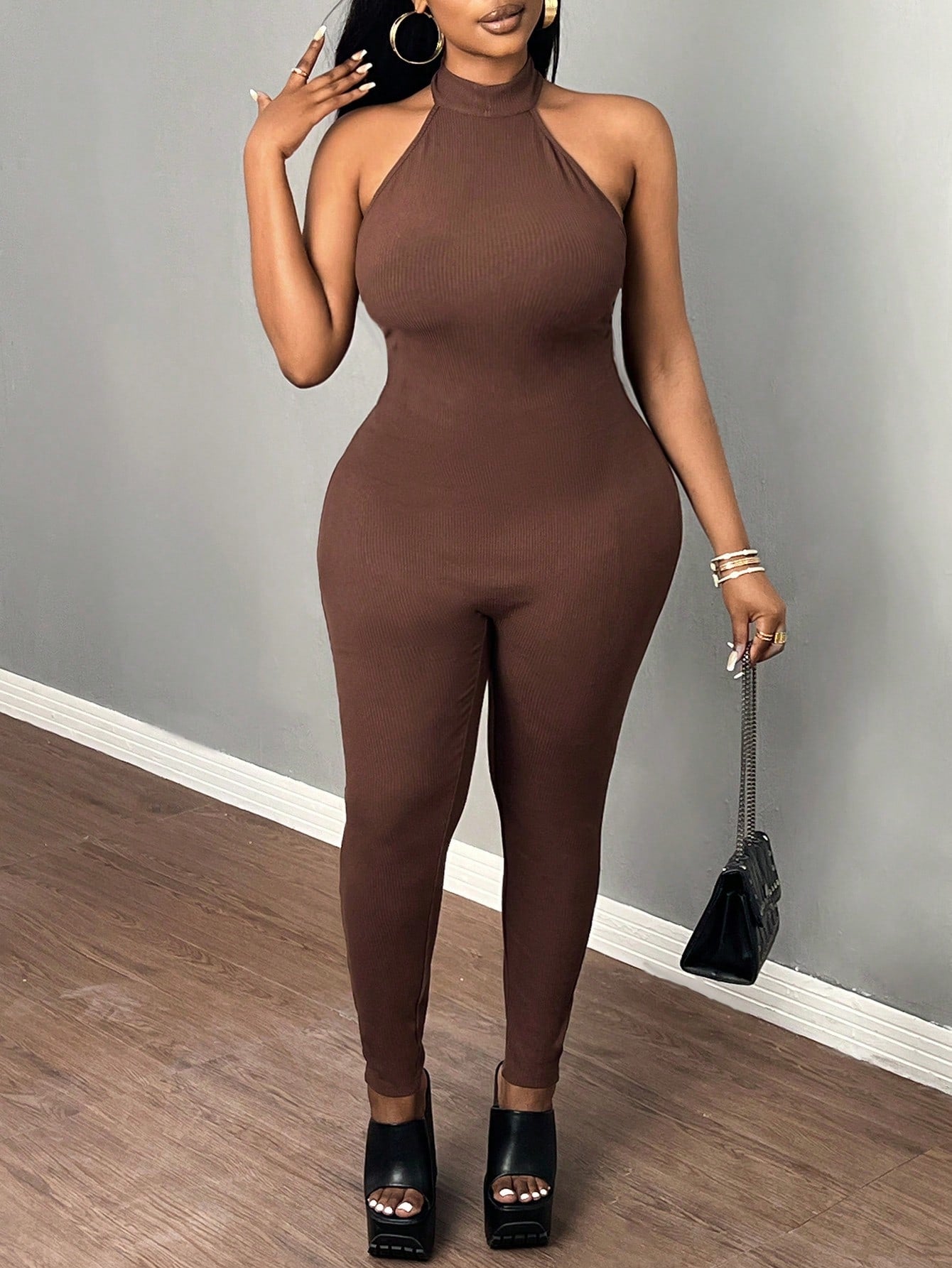 Plus Size Elegant & Casual & Sporty Slim-Fit Clean Brown Neck-Hanging Jumpsuit, Backless, Skinny Pants, Textured Pitted Stripe Fabric, Women's 9/10 Length Rompers, Spring/Summer - E