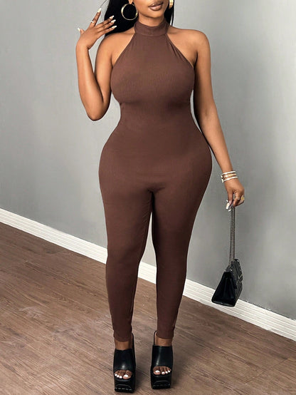 Plus Size Elegant & Casual & Sporty Slim-Fit Clean Brown Neck-Hanging Jumpsuit, Backless, Skinny Pants, Textured Pitted Stripe Fabric, Women's 9/10 Length Rompers, Spring/Summer - E