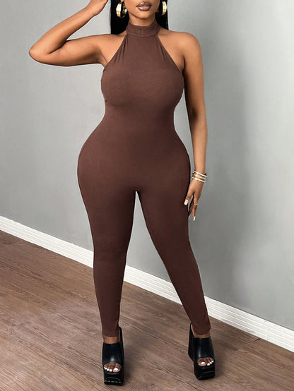 Plus Size Elegant & Casual & Sporty Slim-Fit Clean Brown Neck-Hanging Jumpsuit, Backless, Skinny Pants, Textured Pitted Stripe Fabric, Women's 9/10 Length Rompers, Spring/Summer - E