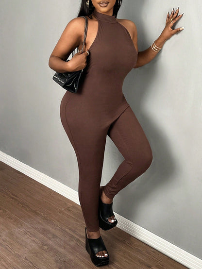 Plus Size Elegant & Casual & Sporty Slim-Fit Clean Brown Neck-Hanging Jumpsuit, Backless, Skinny Pants, Textured Pitted Stripe Fabric, Women's 9/10 Length Rompers, Spring/Summer - E