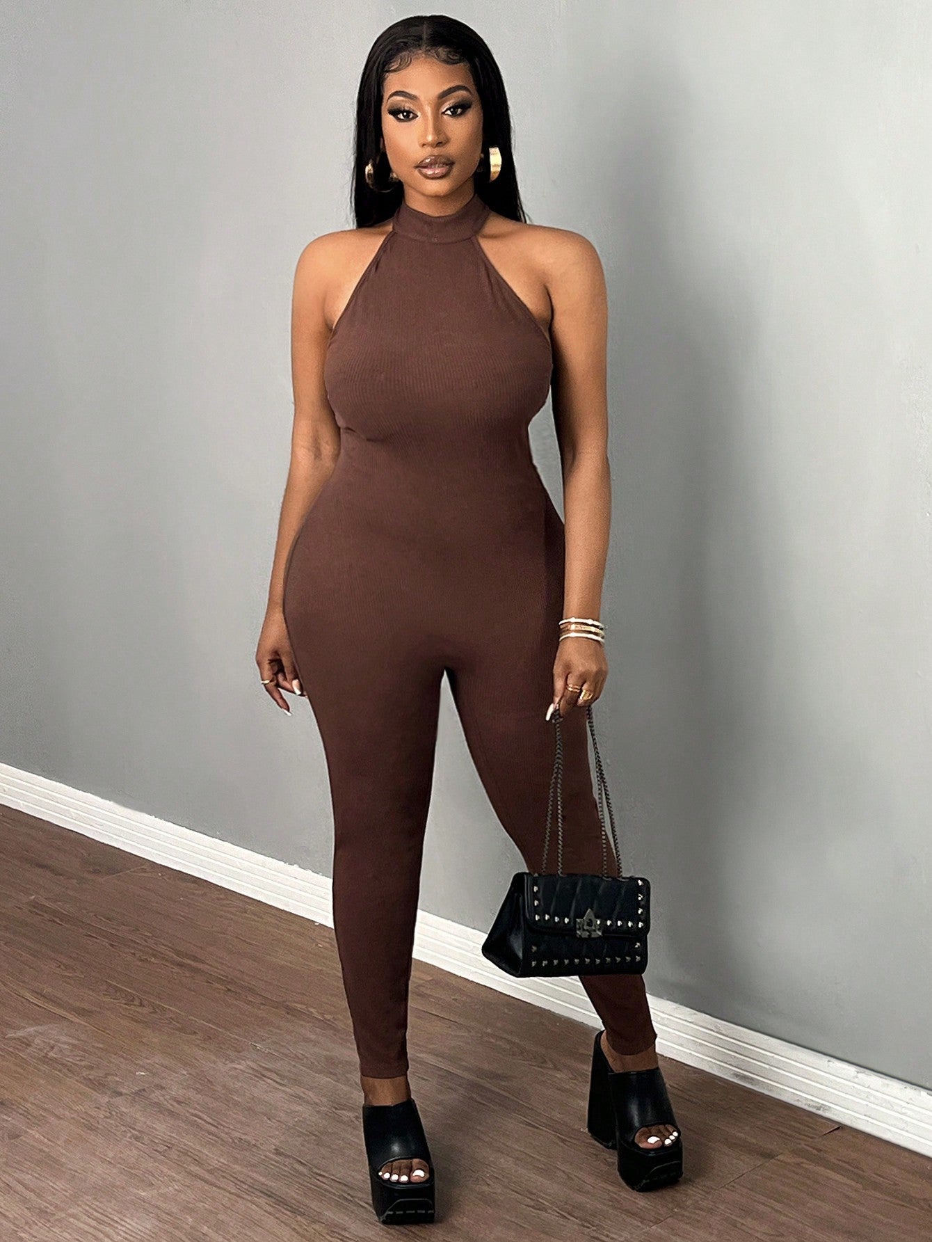 Plus Size Elegant & Casual & Sporty Slim-Fit Clean Brown Neck-Hanging Jumpsuit, Backless, Skinny Pants, Textured Pitted Stripe Fabric, Women's 9/10 Length Rompers, Spring/Summer - E