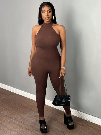 Plus Size Elegant & Casual & Sporty Slim-Fit Clean Brown Neck-Hanging Jumpsuit, Backless, Skinny Pants, Textured Pitted Stripe Fabric, Women's 9/10 Length Rompers, Spring/Summer - E