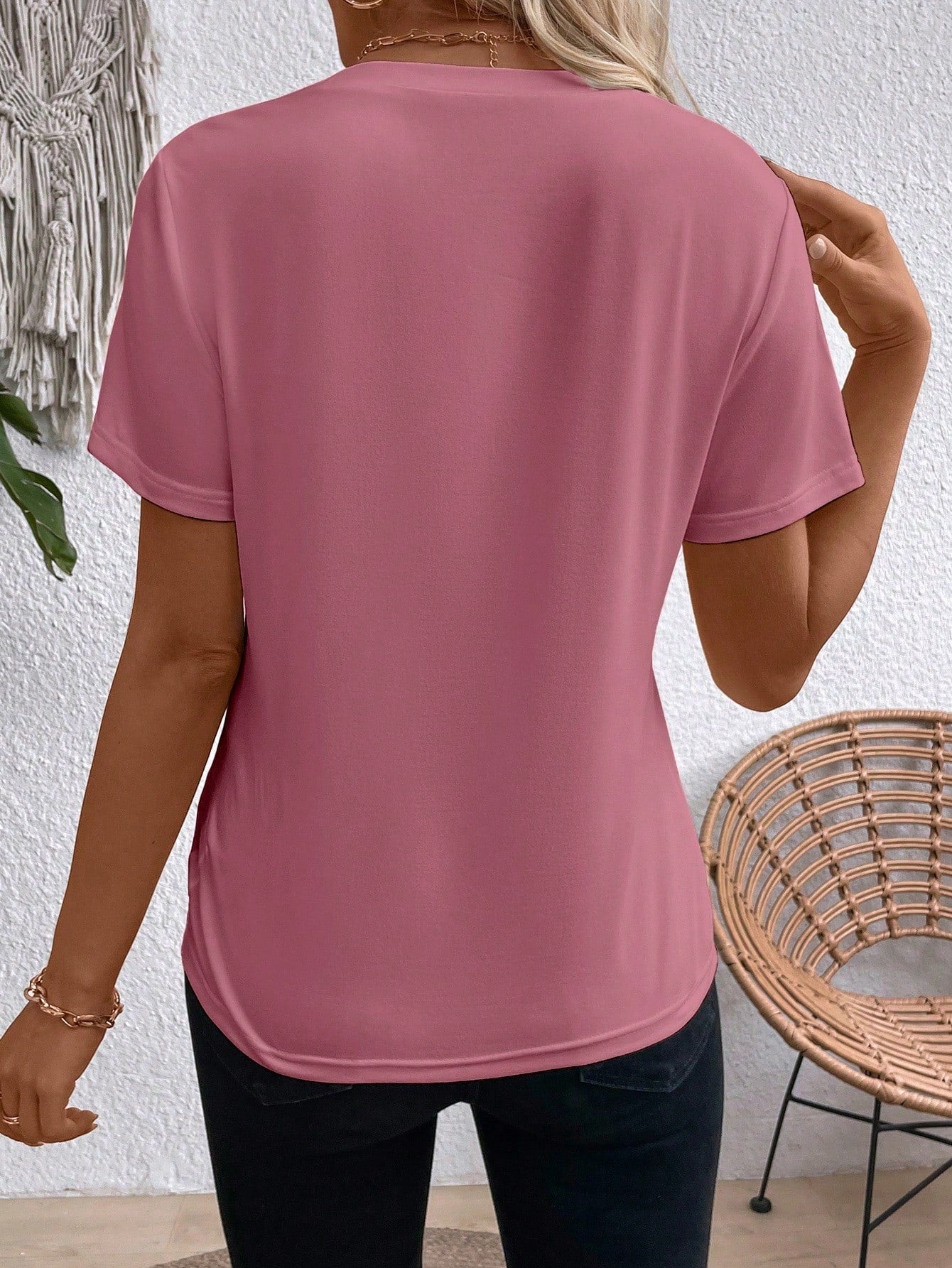 EMERY ROSE T-shirt décontracté pour femmes de couleur unie, col rond, manches courtes, design à rayures de cure-dents