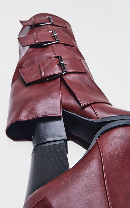 Burgundy Pu Point Toe Fold Over Triple Buckle Low Heeled Knee High Boots