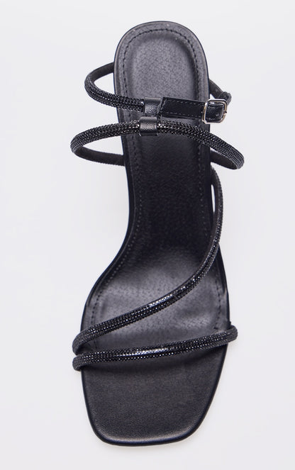 Black PU Square Toe Diamante Asymmetric Strap High Heels