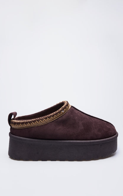 Chocolate Faux Suede Round Toe Platform Slip On Flats