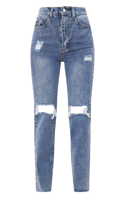 Mid Wash High Rise Ripped Straight Leg Jeans