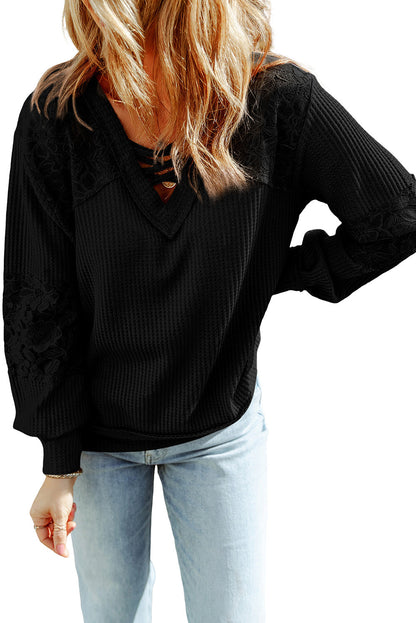 Lace Strappy V Neck Long Sleeve Top