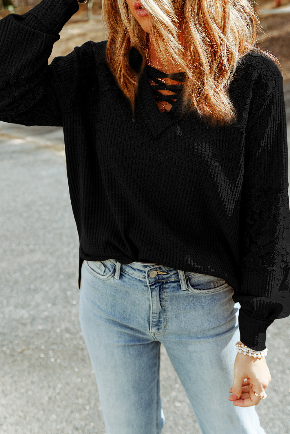 Lace Strappy V Neck Long Sleeve Top