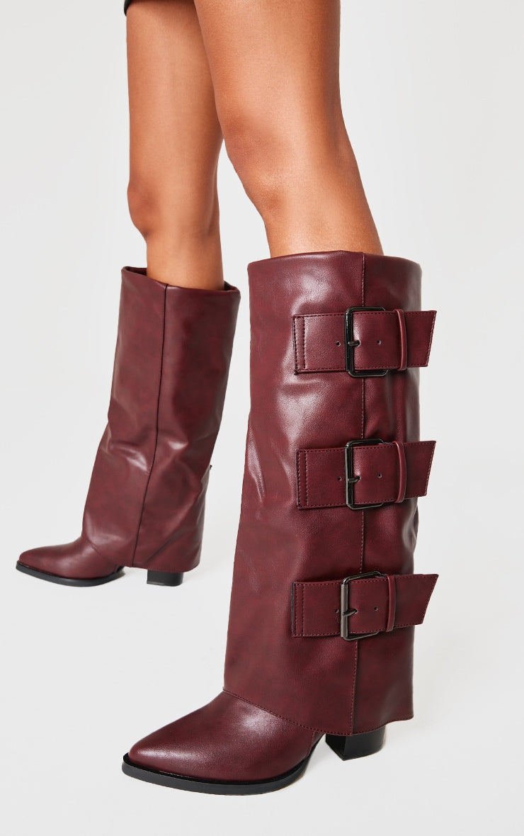 Burgundy Pu Point Toe Fold Over Triple Buckle Low Heeled Knee High Boots