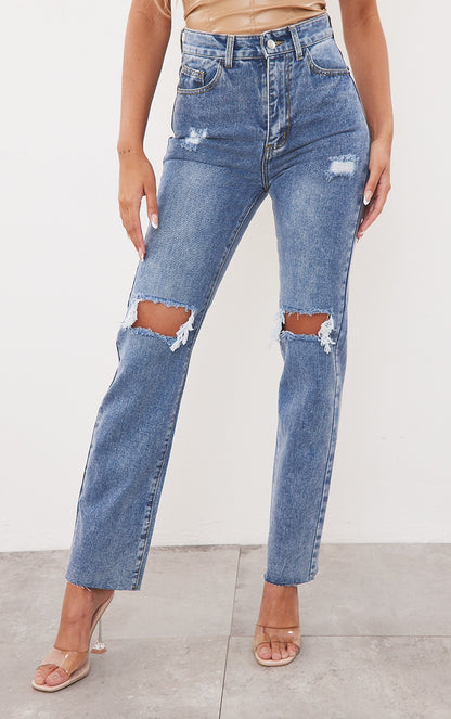 Mid Wash High Rise Ripped Straight Leg Jeans