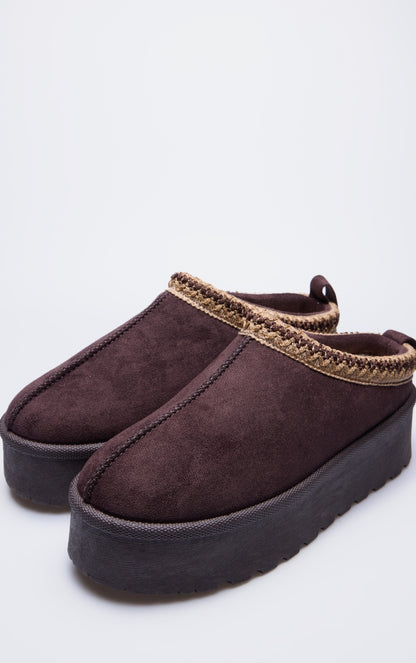 Chocolate Faux Suede Round Toe Platform Slip On Flats