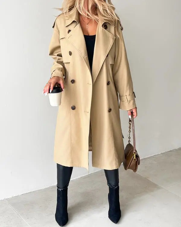 Trench-coat long croisé à col cranté