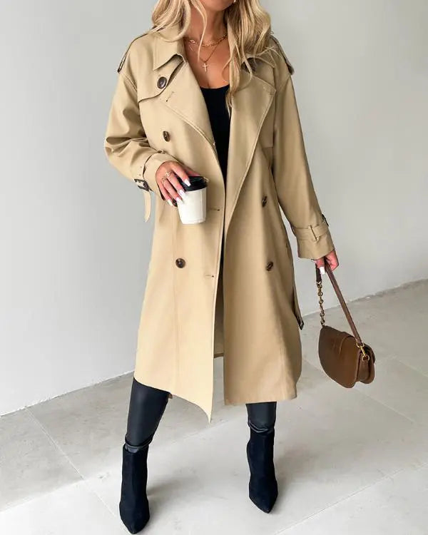 Trench-coat long croisé à col cranté