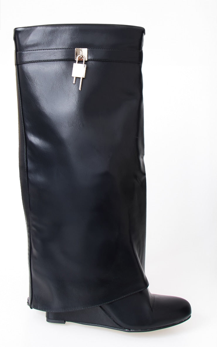 Black PU Point Toe Fold Over Lock Charm Wedge Heeled Knee Boots