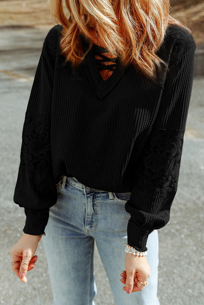 Lace Strappy V Neck Long Sleeve Top