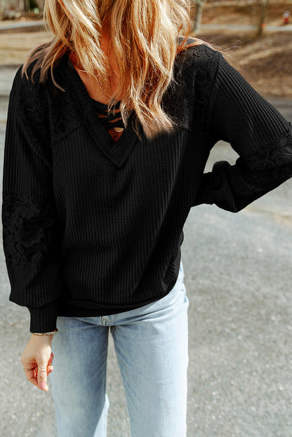 Lace Strappy V Neck Long Sleeve Top