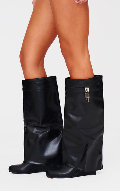 Black PU Point Toe Fold Over Lock Charm Wedge Heeled Knee Boots