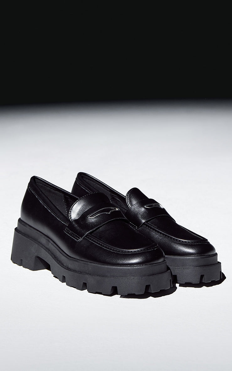 Black Pu Round Toe Chunky Sole Loafers