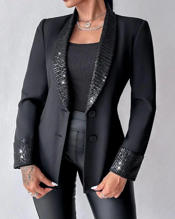 Manteau blazer à paillettes contrastées et col châle