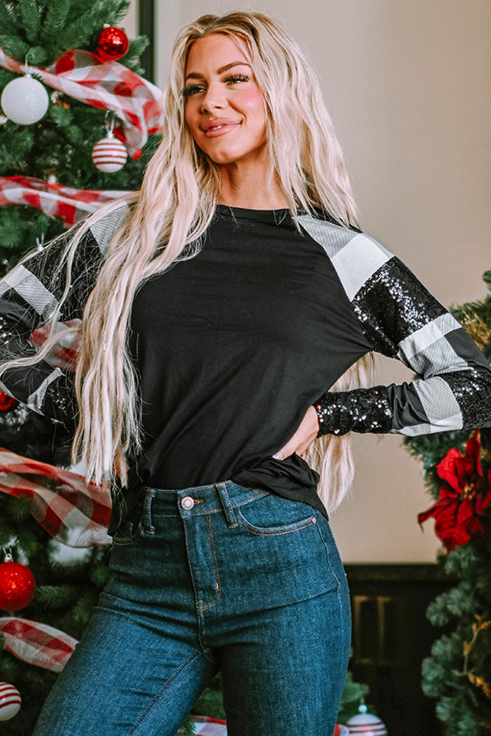 Sequin Plaid Raglan Sleeve Top