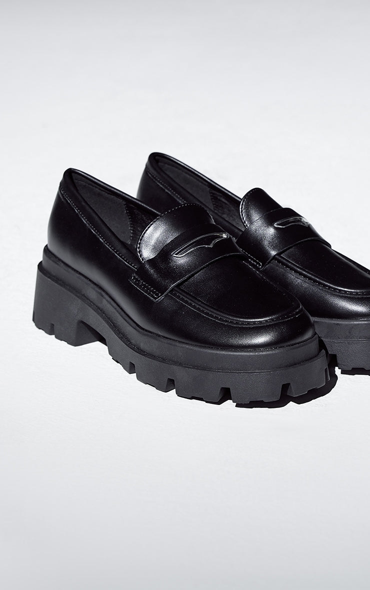 Black Pu Round Toe Chunky Sole Loafers