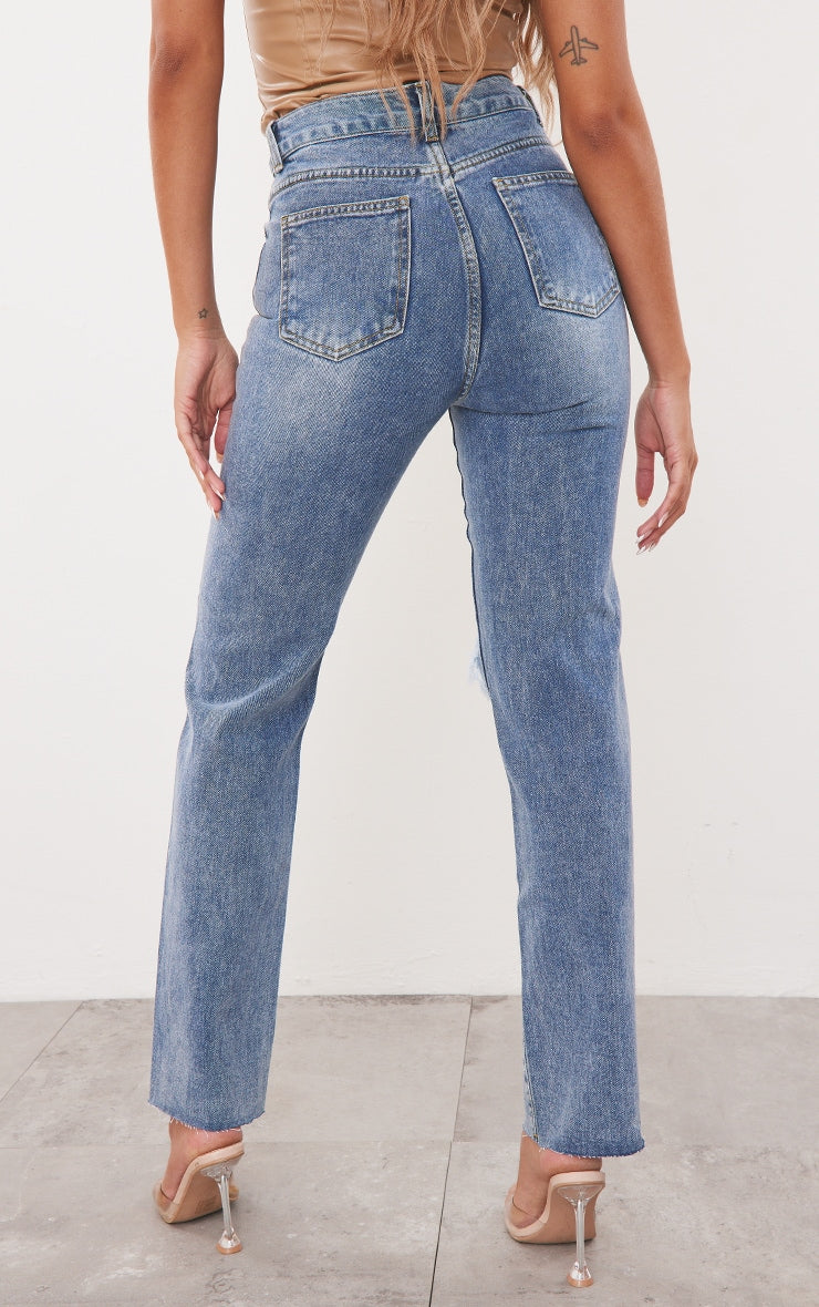 Mid Wash High Rise Ripped Straight Leg Jeans