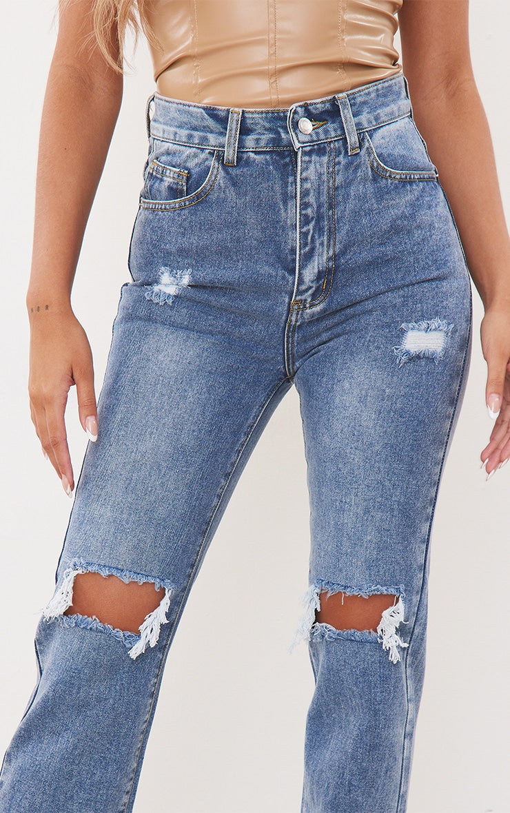 Mid Wash High Rise Ripped Straight Leg Jeans